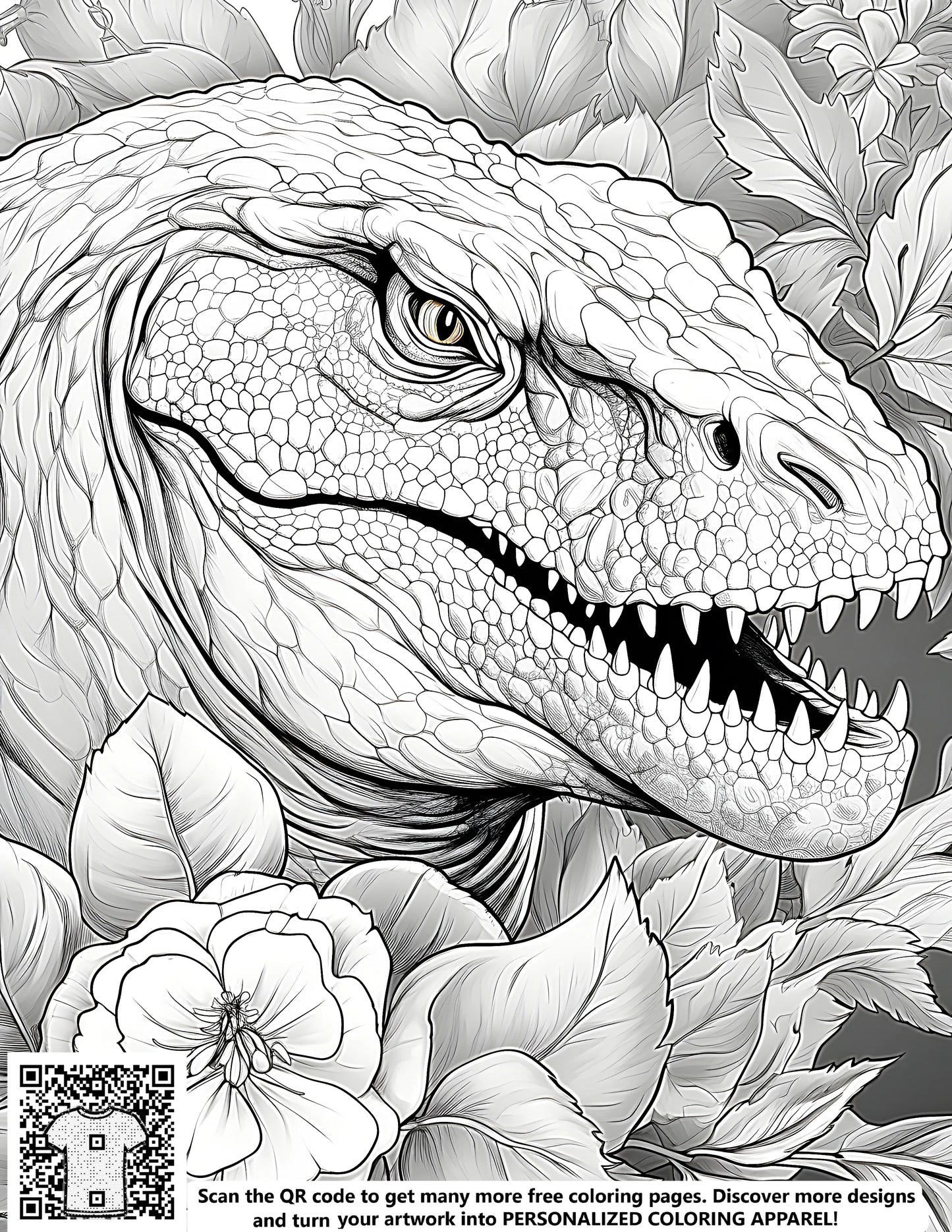 Dinosaur coloring page art illustration Tyrannosaurus rex flowers
