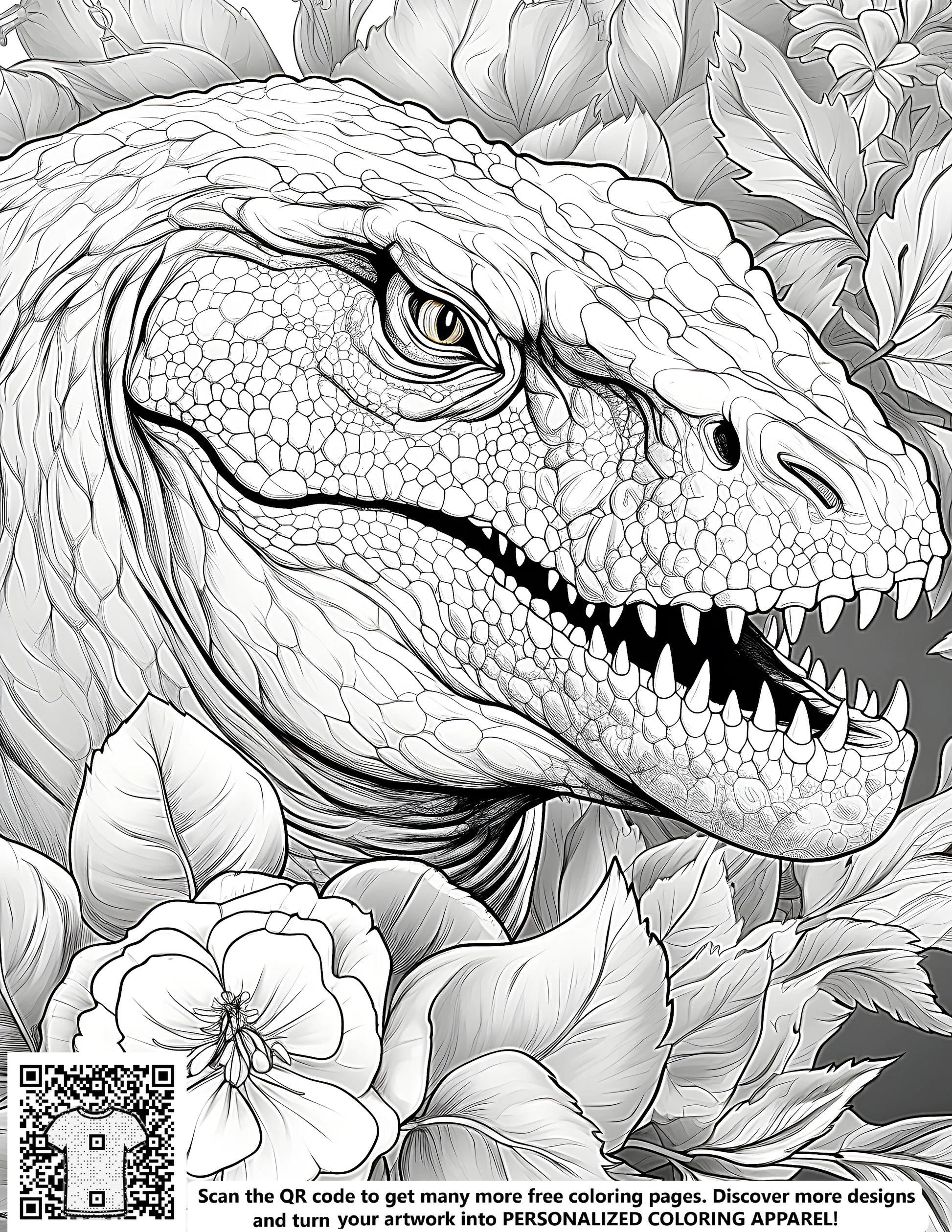 Dinosaur coloring page art illustration Tyrannosaurus rex flowers