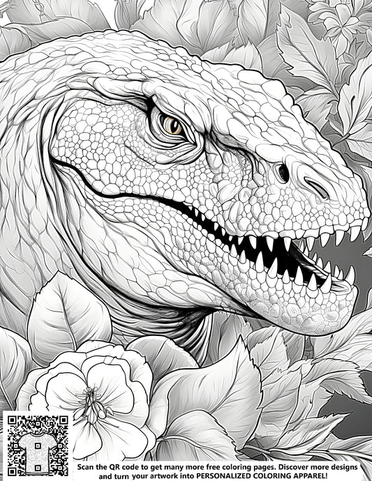 FREE Dinosaur Coloring Page - Printable T-Rex with Flowers and Leaves Download