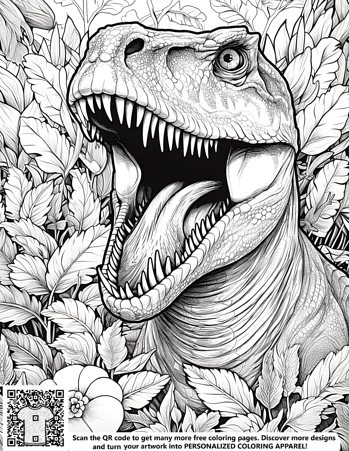 Coloring page of a roaring T-Rex, triceratops alternative, dinosaur design for kids and adults