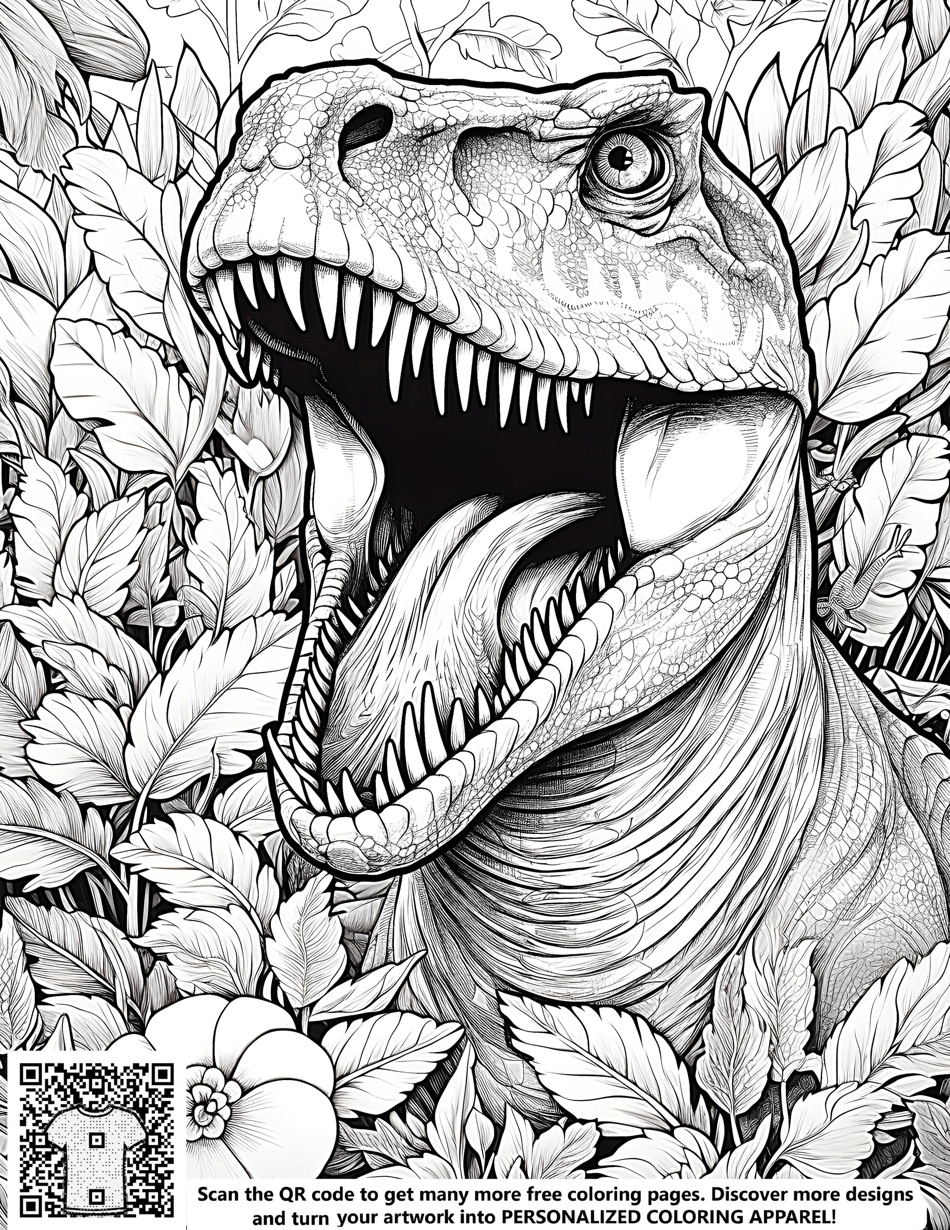Coloring page of a roaring T-Rex, triceratops alternative, dinosaur design for kids and adults