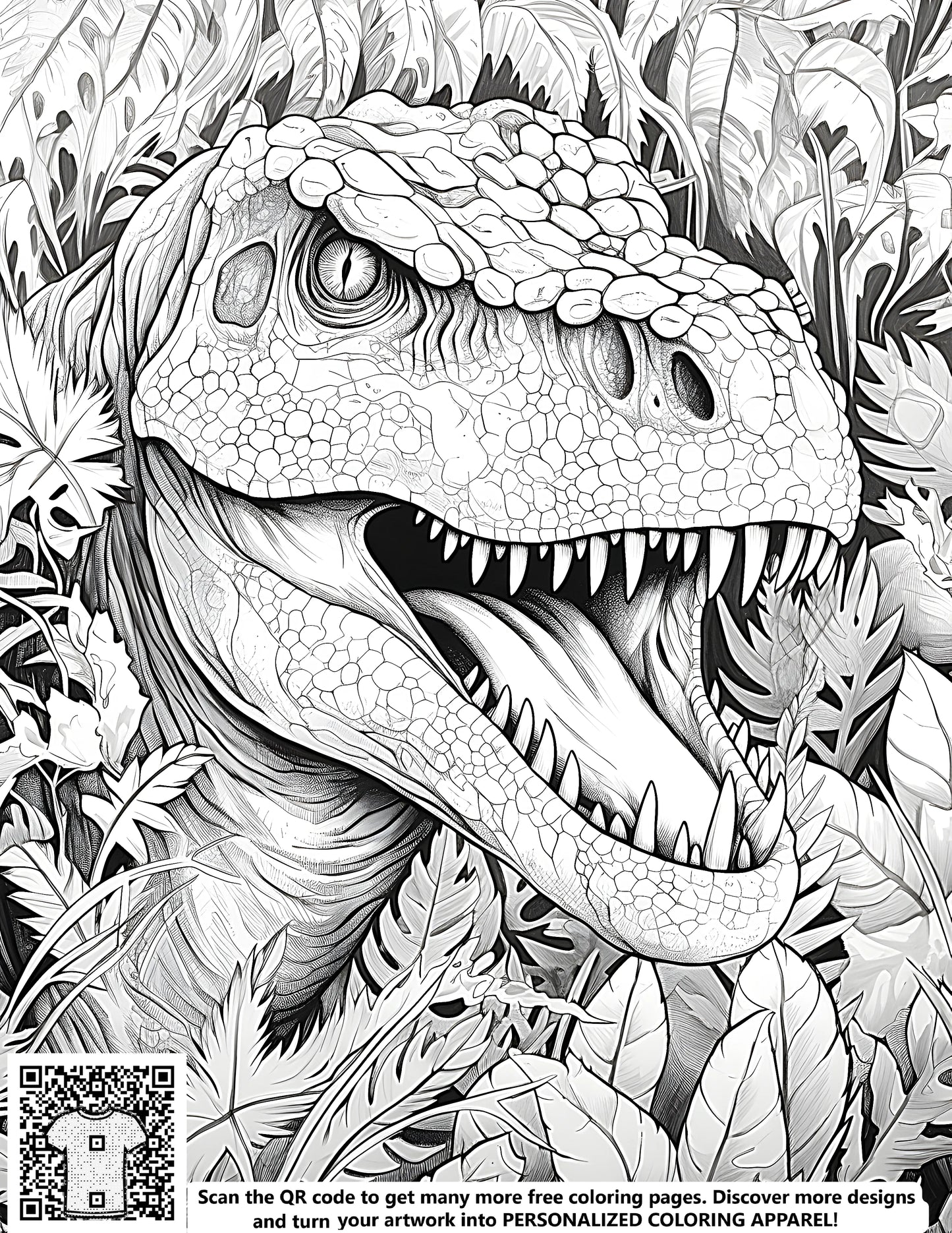 Coloring page of a T-Rex head with open mouth, jungle leaves and vibrant colors
