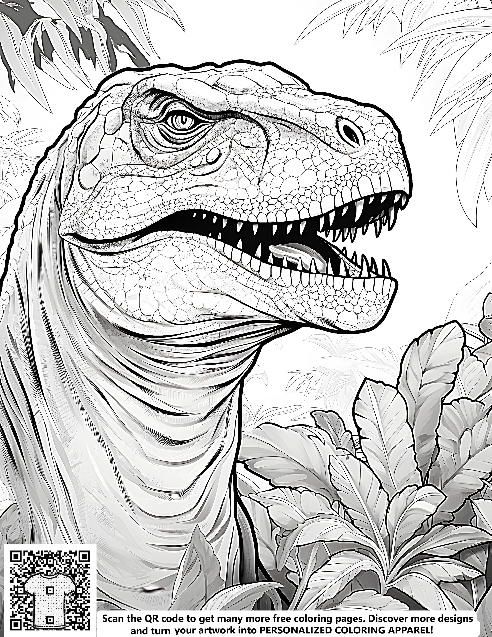 Detailed dinosaur illustration of a ferocious prehistoric T-Rex surrounded by lush jungle foliage, perfect for adult coloring pages and kids craft activities. Includes free downloadable coloring pages.