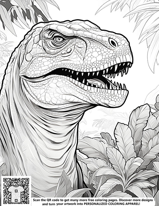 Detailed dinosaur illustration of a ferocious prehistoric T-Rex surrounded by lush jungle foliage, perfect for adult coloring pages and kids craft activities. Includes free downloadable coloring pages.