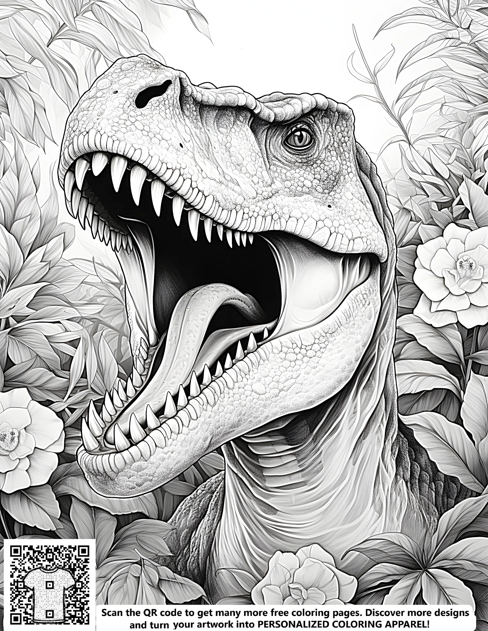Coloring page of a T-Rex illustration, detailed black and white drawing of a Raptor, Dinosaur art for kids