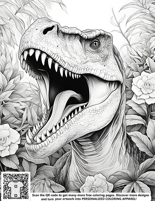 Coloring page of a T-Rex illustration, detailed black and white drawing of a Raptor, Dinosaur art for kids