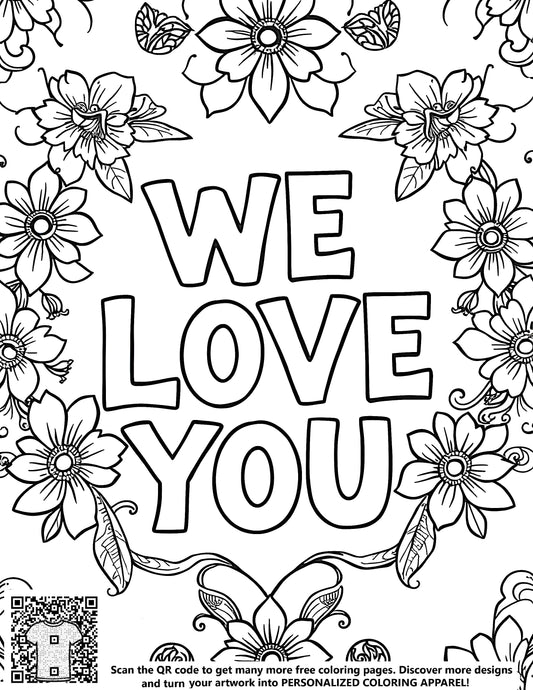 Free Floral Design Coloring Page with Love Message - Adult Coloring Kit