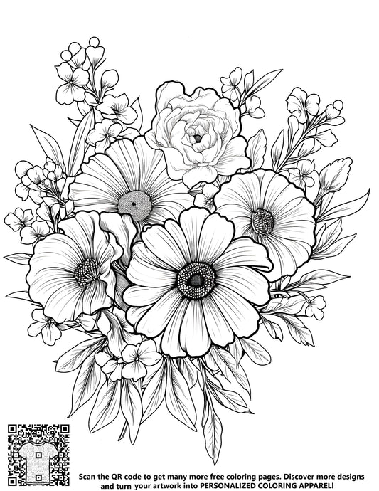 FREE Flower Bouquet Coloring Page - Detailed Black and White Illustration - Printable Download