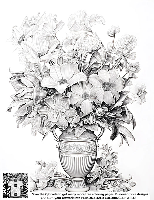 FREE Floral Arrangement Coloring Page - Printable Antique Vase Illustration Download