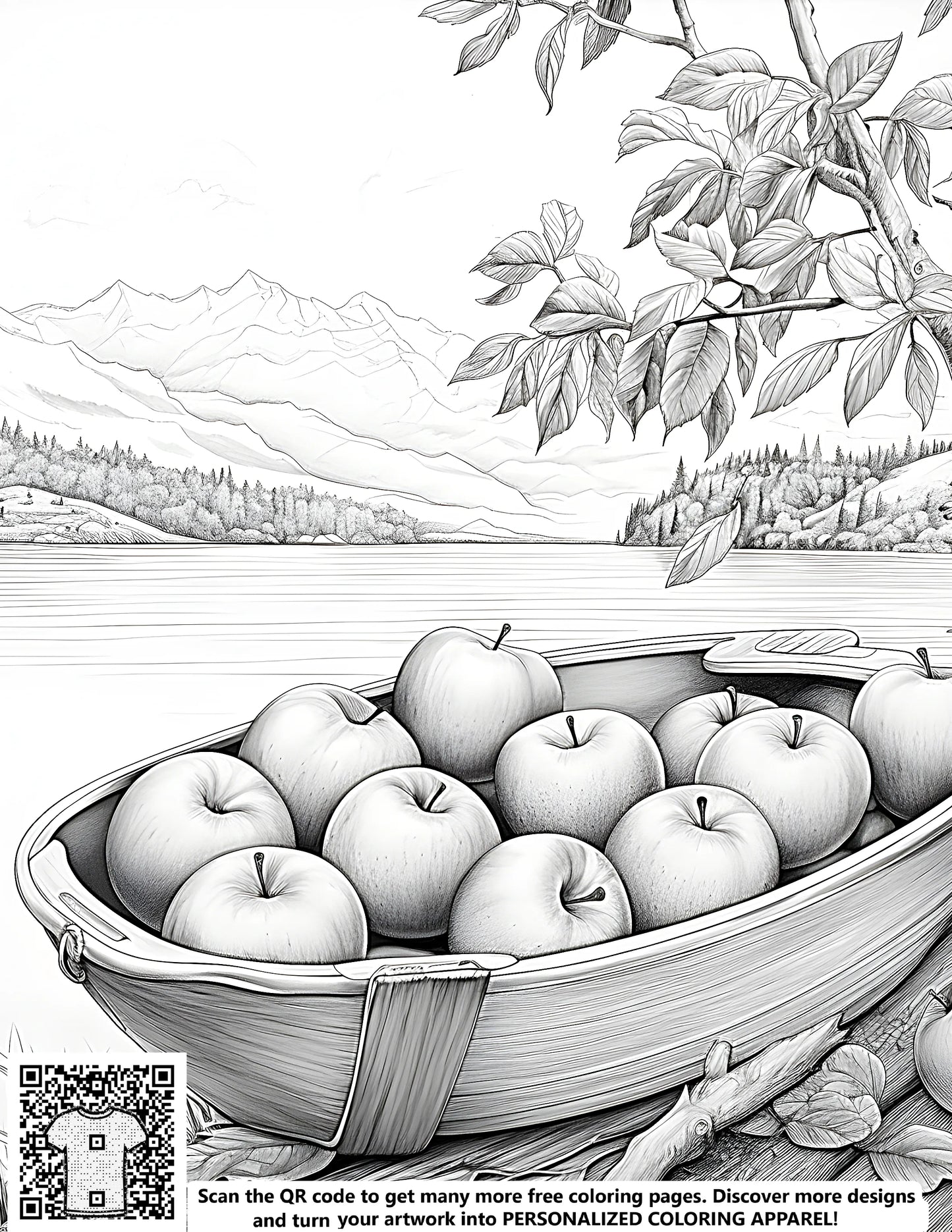 FREE Coloring Page: Serene Lake Boat with Apples by Tree - Download NOW