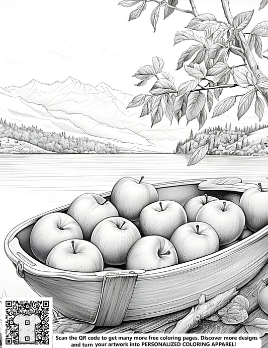 FREE Coloring Page: Serene Lake Boat with Apples by Tree - Download NOW