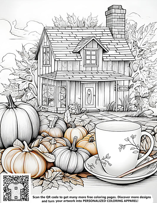 FREE Cozy House with Pumpkins and Autumn Leaves Coloring Page - Printable Fall Season Theme