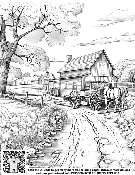 FREE Farmhouse Sketch Coloring Page - Printable Rural Scene with Horse-Drawn Carriage