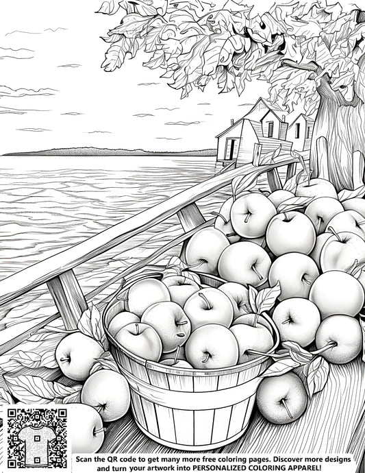 FREE Coloring Page - Apples in a Bucket by the Lake Printable