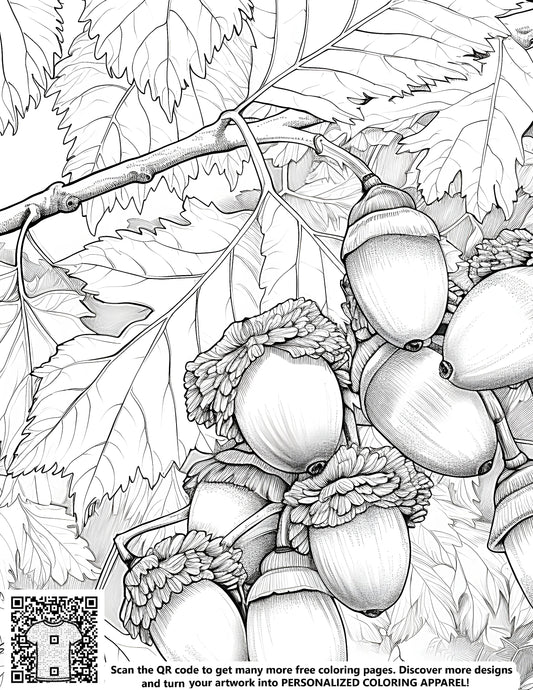 FREE Acorn Branch Coloring Page - Detailed Line Art Printable