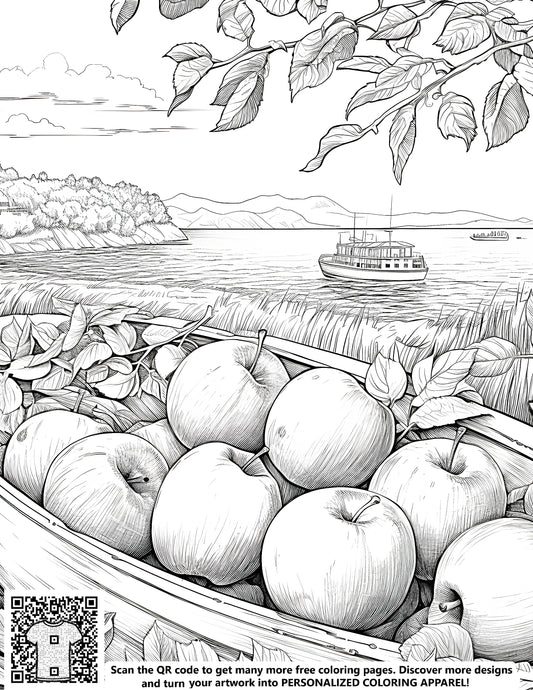 FREE Apple Boat Coloring Page - Printable River Scene Download