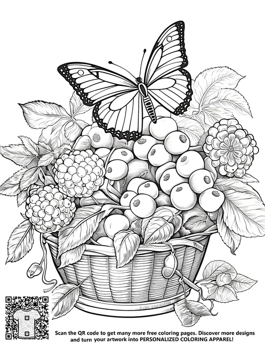 FREE Butterfly and Fruit Basket Coloring Page - Printable Download