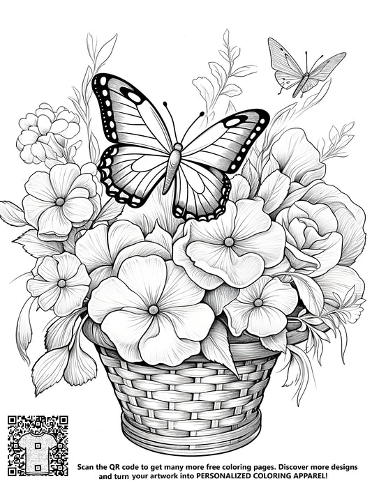 FREE Flower Basket with Butterflies Coloring Page Download NOW