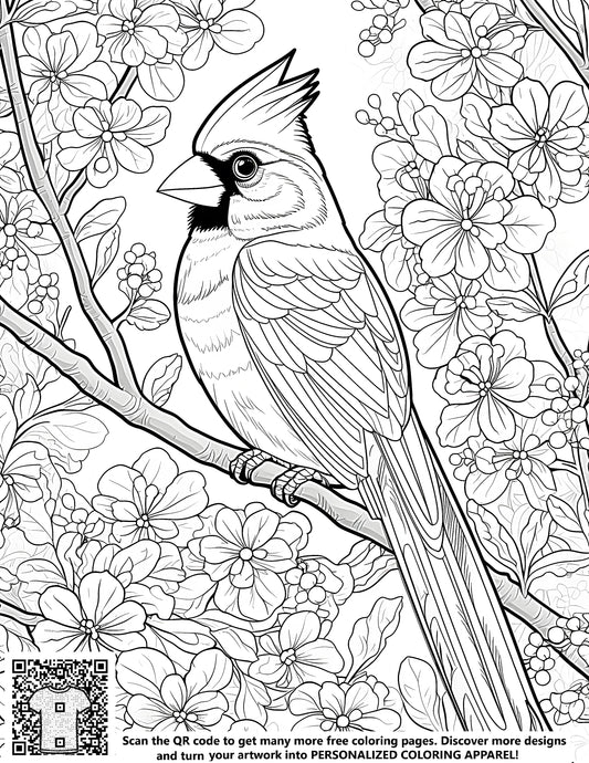 FREE Cardinal Bird Coloring Page - Detailed Bird and Blooms Printable Download