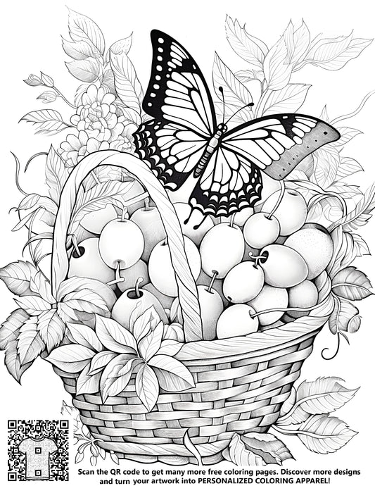 FREE Butterfly on Fruit Basket Coloring Page Printable