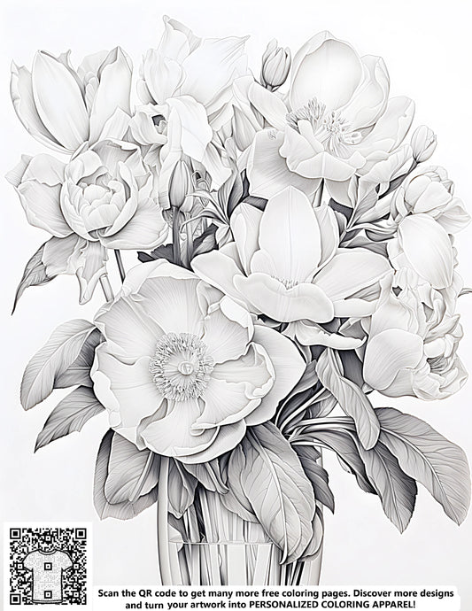 FREE Flower Bouquet Coloring Page with Peonies and Leaves Printable