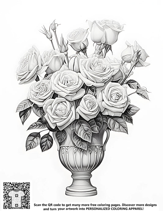 FREE Coloring Page - Detailed Monochrome Bouquet of Blooming Roses in Decorative Vase Printable