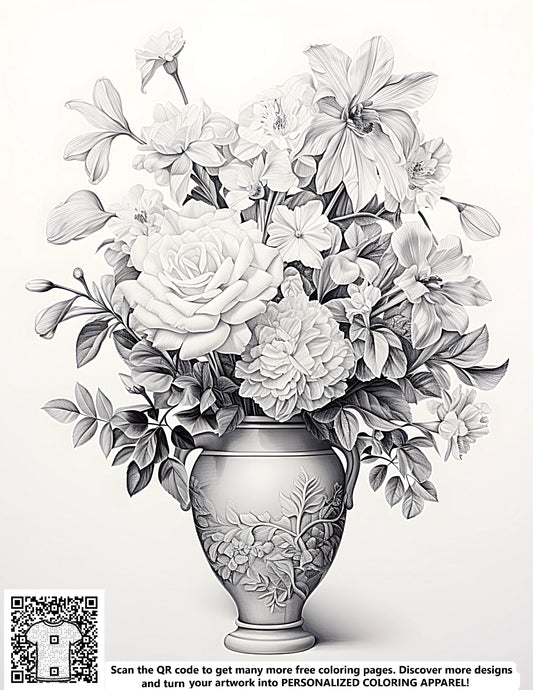 FREE Flower Arrangement Coloring Page - Detailed Vase Design Printable