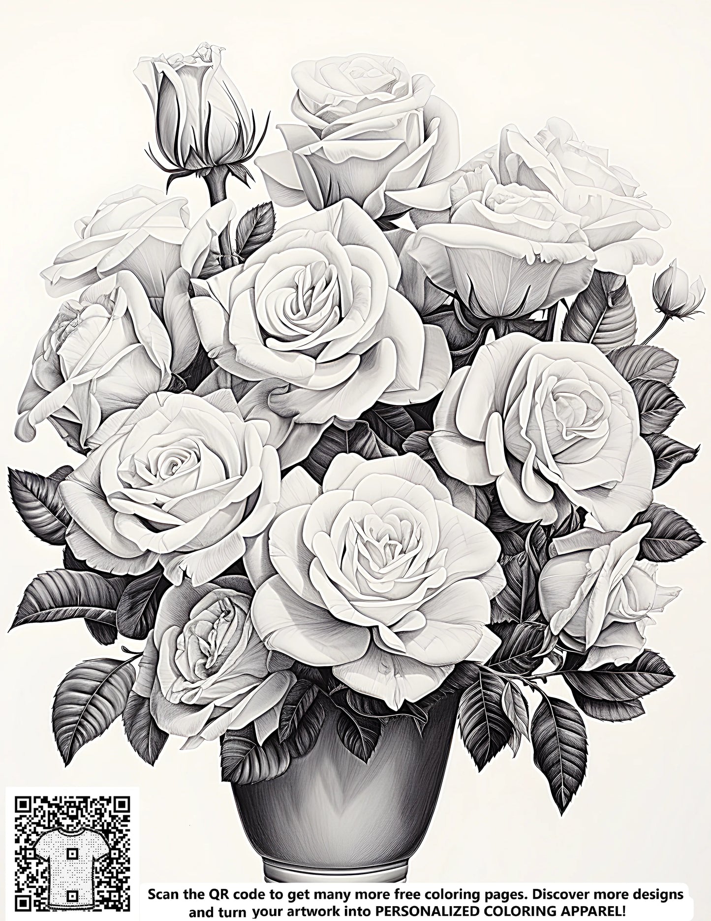 FREE Coloring Page - Detailed Bouquet of Blooming Roses in Vase Printable