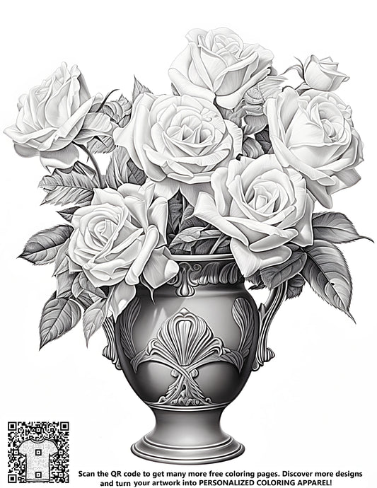 FREE Coloring Page - Blooming Roses in Decorative Vase - Printable Download