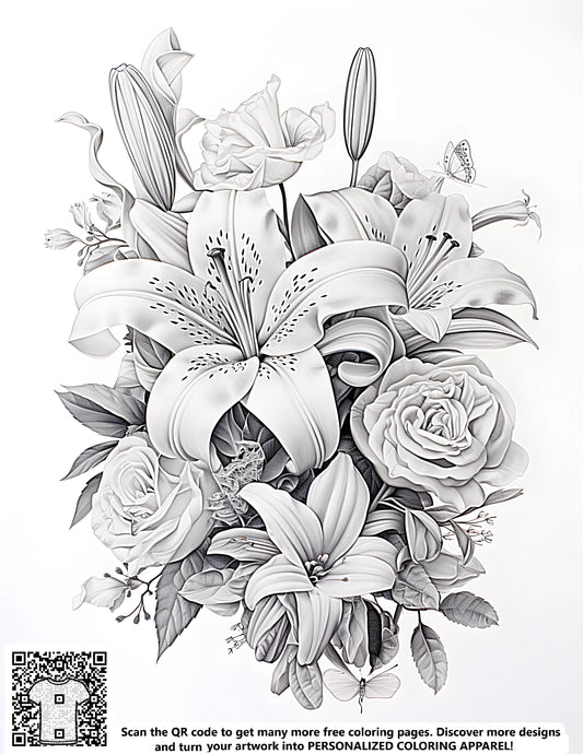 FREE Floral Arrangement Coloring Page - Detailed Botanical Illustration with Lilies and Roses - Printable Download