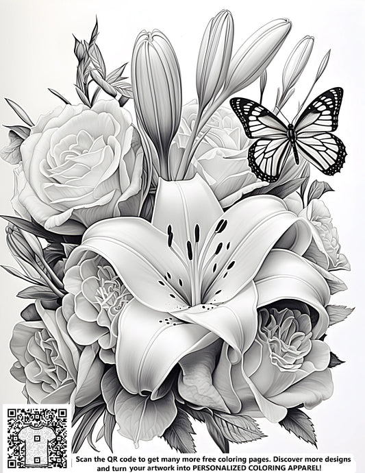 FREE Coloring Page - Detailed Floral Bouquet with Butterfly - Download NOW