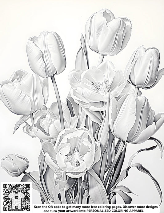 Coloring page illustrations of tulips, floral bouquets, flowers, and blooms