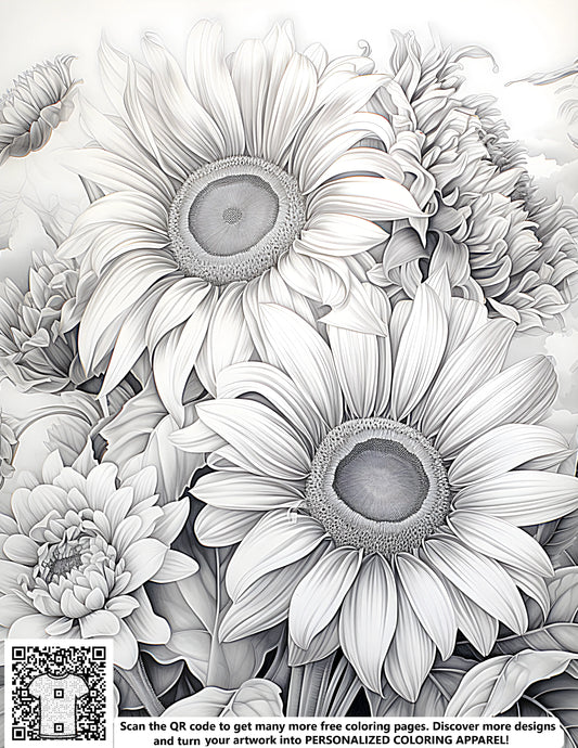 Coloring pages, free coloring page, sunflower artwork, floral design, botanical illustration, detailed flowers, leaves and other flowers design, adult coloring book
