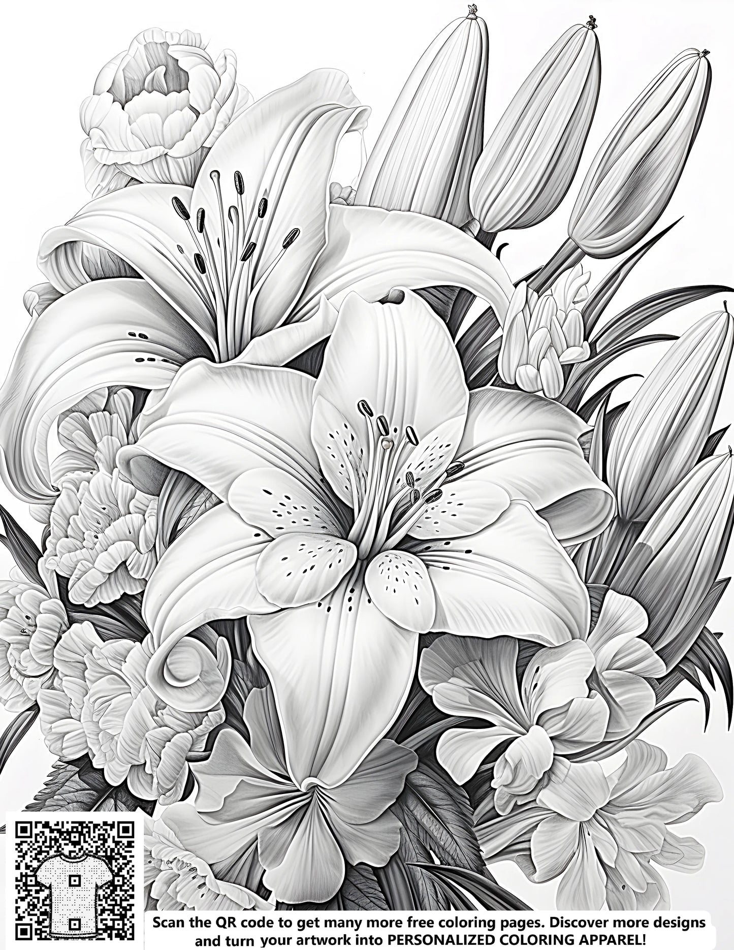 FREE Coloring Page - Detailed Bouquet with Lilies and Flowers Printable