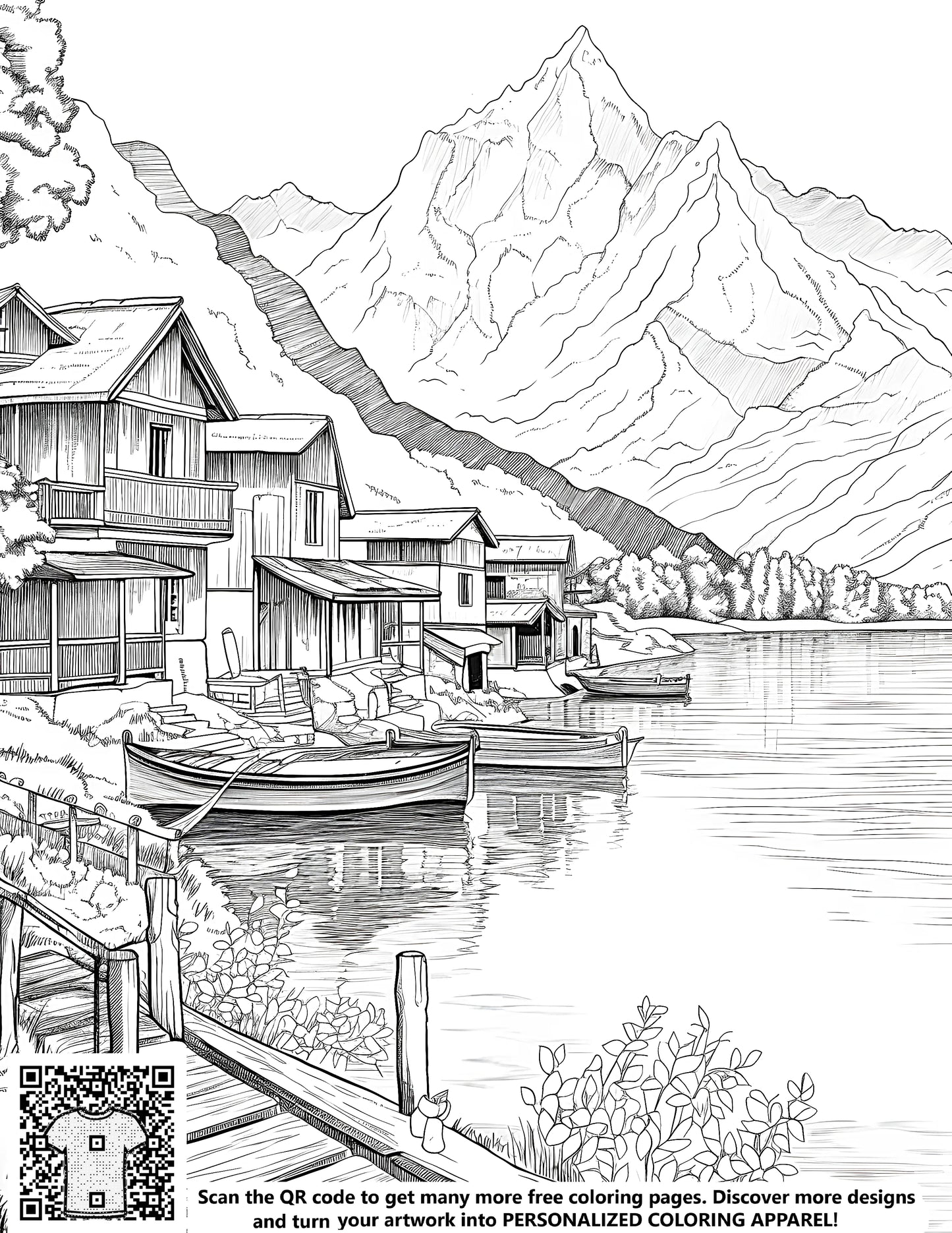 FREE Coloring Page - Serene Lakeside Houses with Boats and Mountains Download