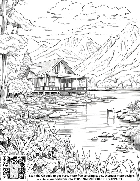 FREE Mountain Cottage Coloring Page - Printable Black and White Drawing of Lake, Trees, and Flowers