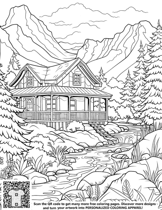 FREE Cabin by the Stream Coloring Page Download NOW