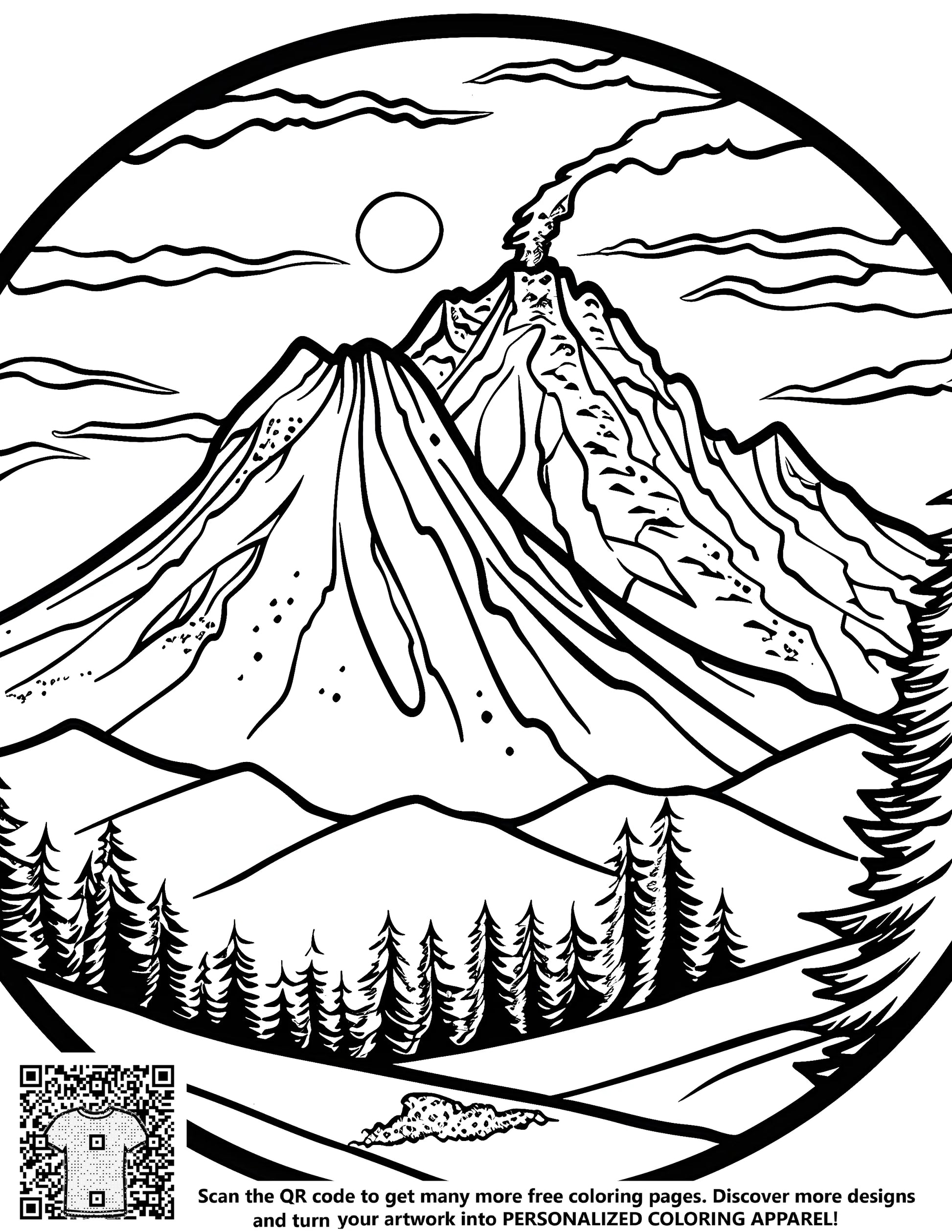 Coloring page of volcanic landscape with erupting volcano, mountains, and trees for creative coloring fun