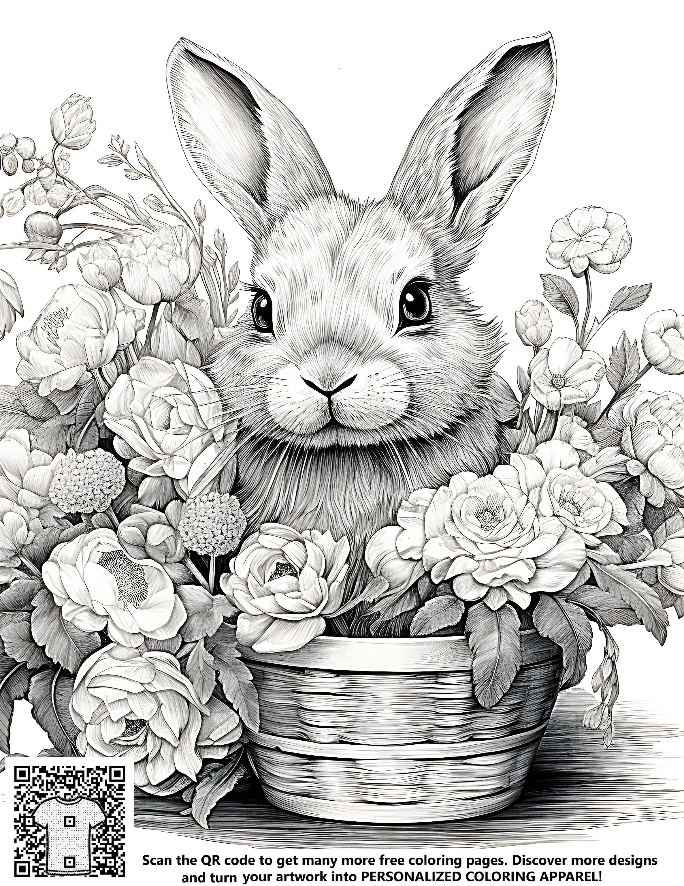 Davincci Rabbit FREE Rabbit in Basket with Floral Designs Coloring Page - Printable Do ...