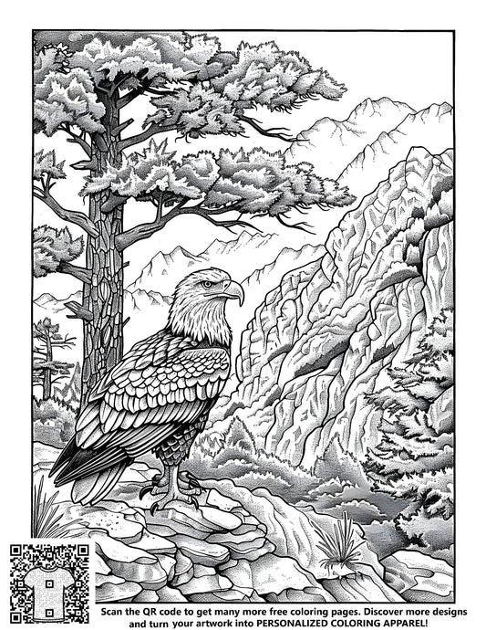 FREE Eagle Coloring Page with Mountain and Forest Landscape - Printable Download