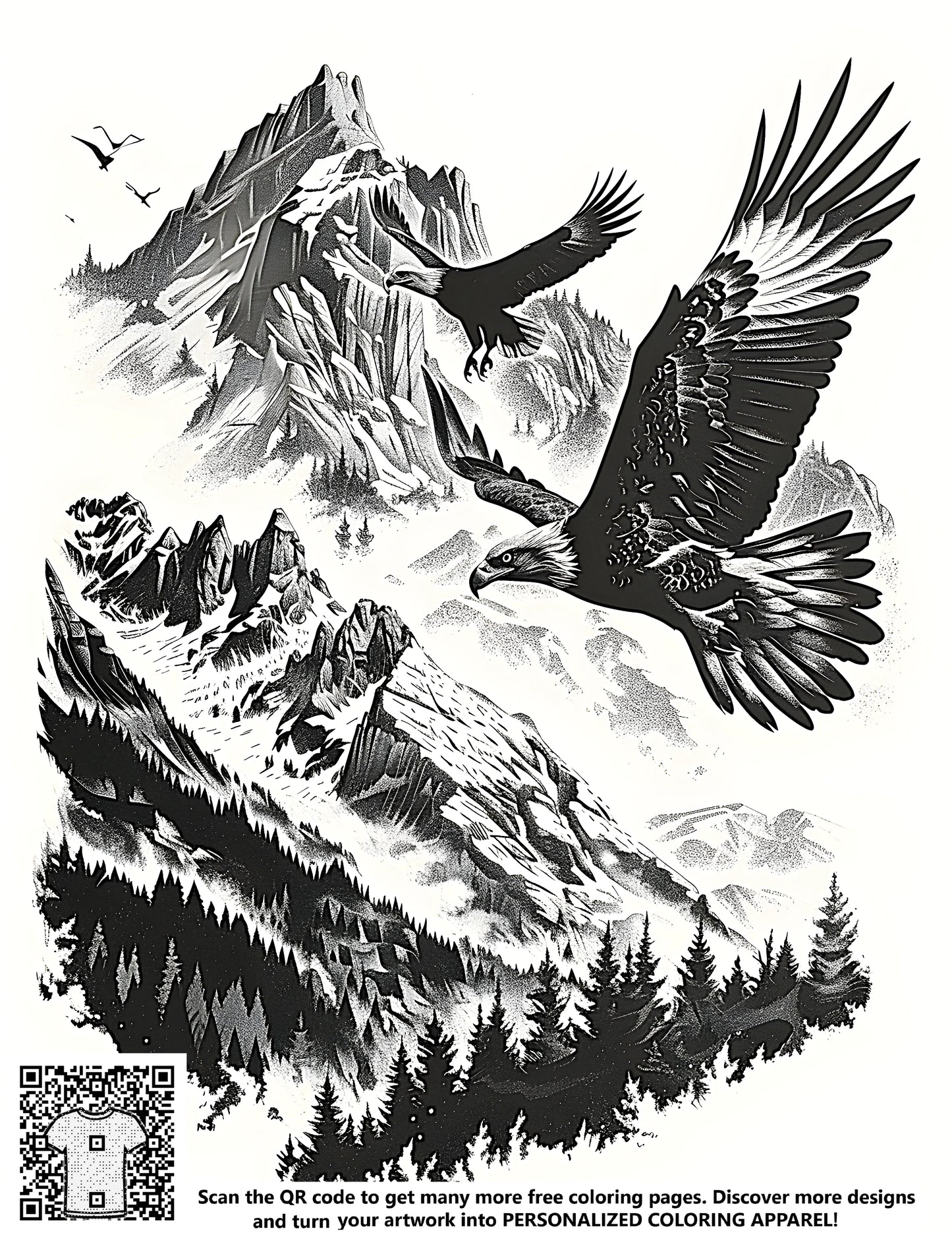 FREE Eagle Coloring Page - Soaring Above Scenic Mountain Range - Printable Download