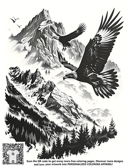 FREE Eagle Coloring Page - Soaring Above Scenic Mountain Range - Printable Download