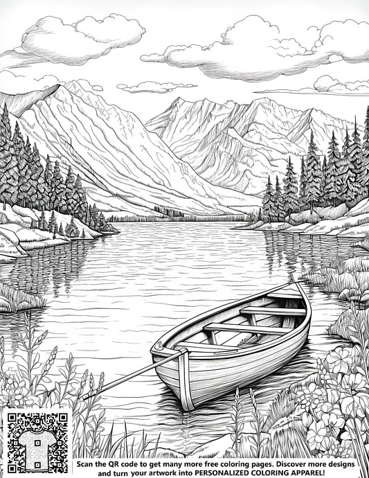 FREE Coloring Page - Wooden Boat on Mountain Lake Shore - Printable Download