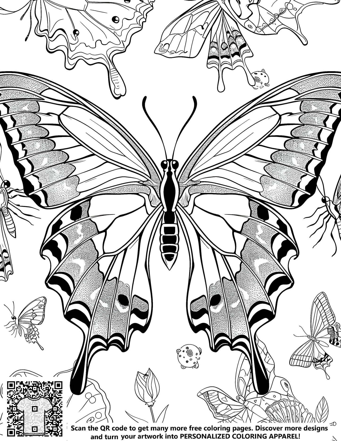 FREE Butterfly Coloring Page - Intricate Wing Patterns Among Flowers - Printable Download