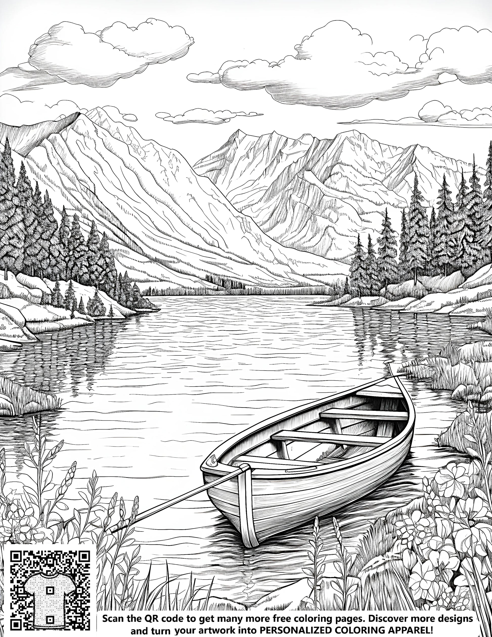 Mountain lake scene coloring page art with serene water, boat, and surrounding foliage detail drawing for kids and adults. Free illustration.