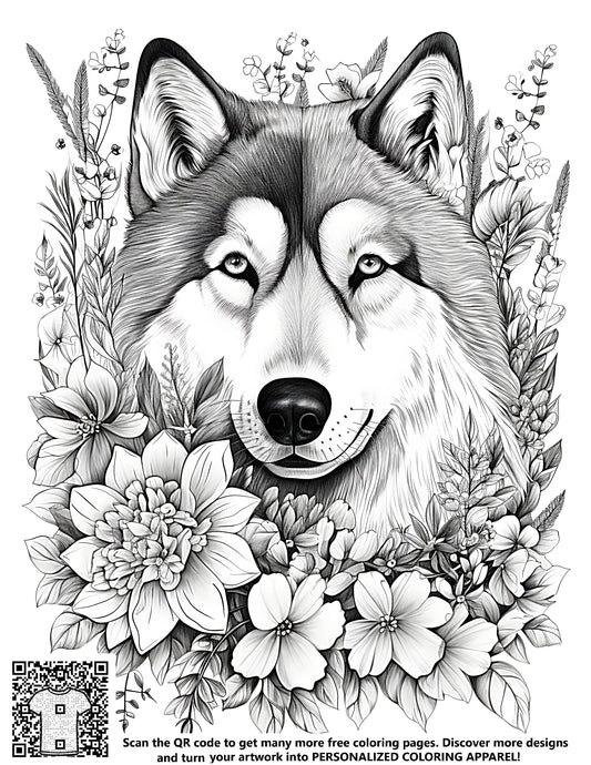Detailed black and white wolf face drawing surrounded by various flowers and botanical designs for free coloring pages