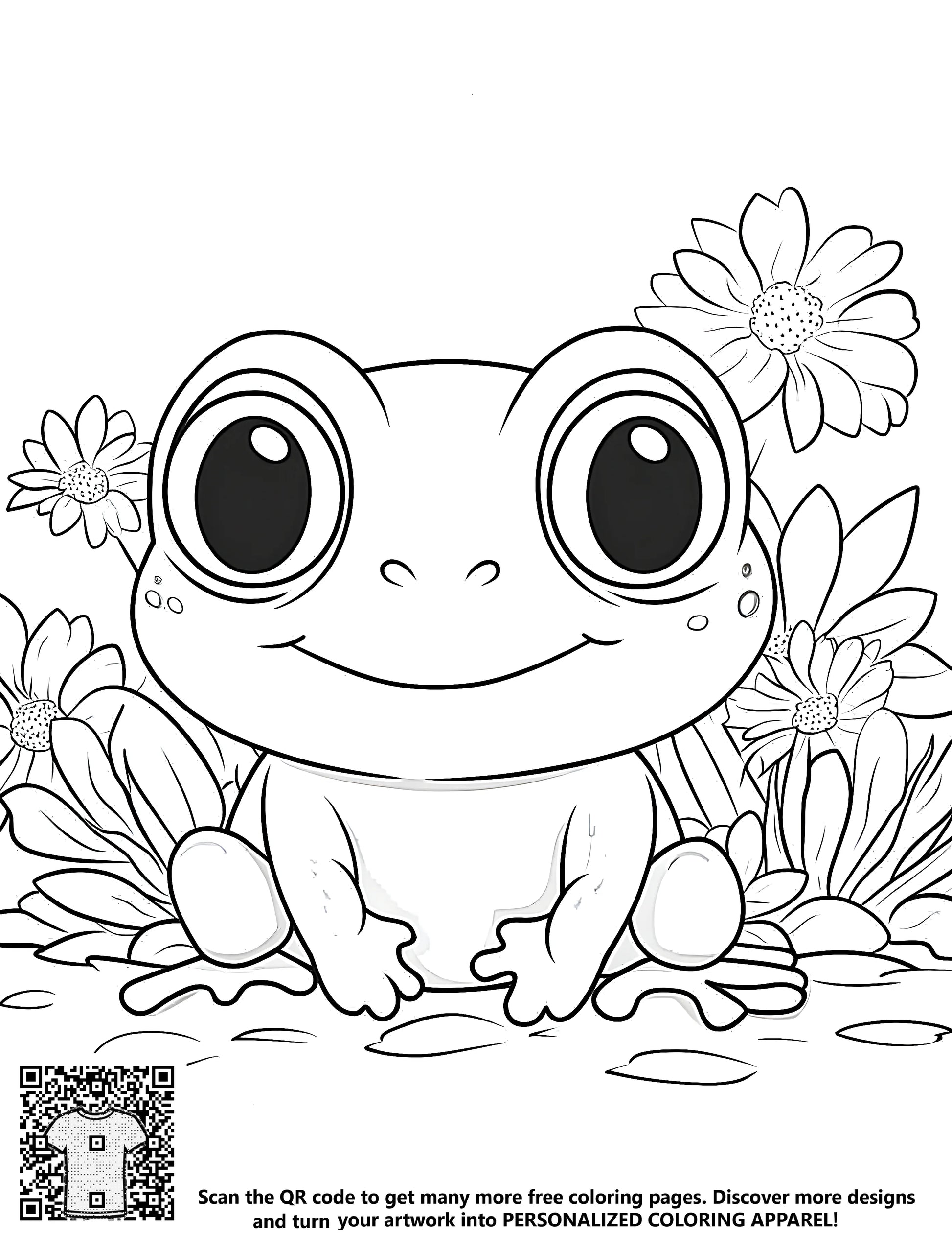 A free coloring page featuring a cute frog with big eyes surrounded by flowers and leaves. Perfect for kids' activities, craft supplies, or art projects.