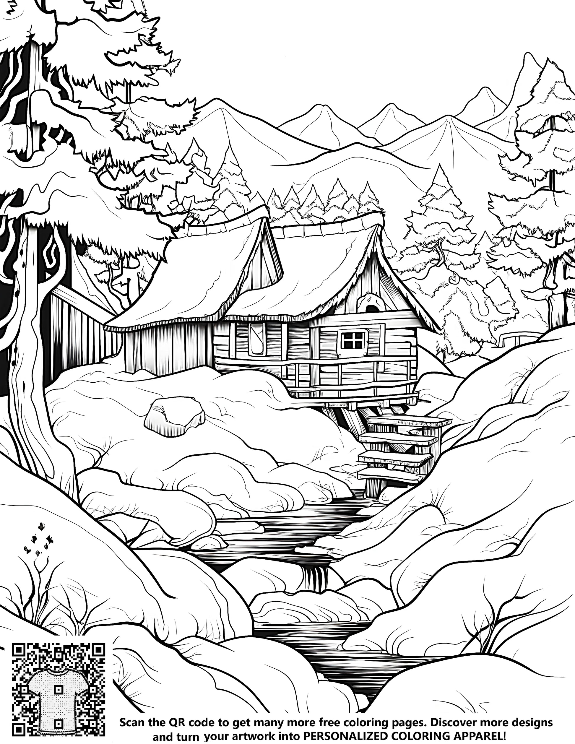 Mountain lodge scene coloring page art