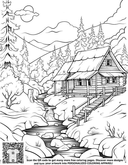 FREE Mountain Cabin by River Coloring Page - Printable Download