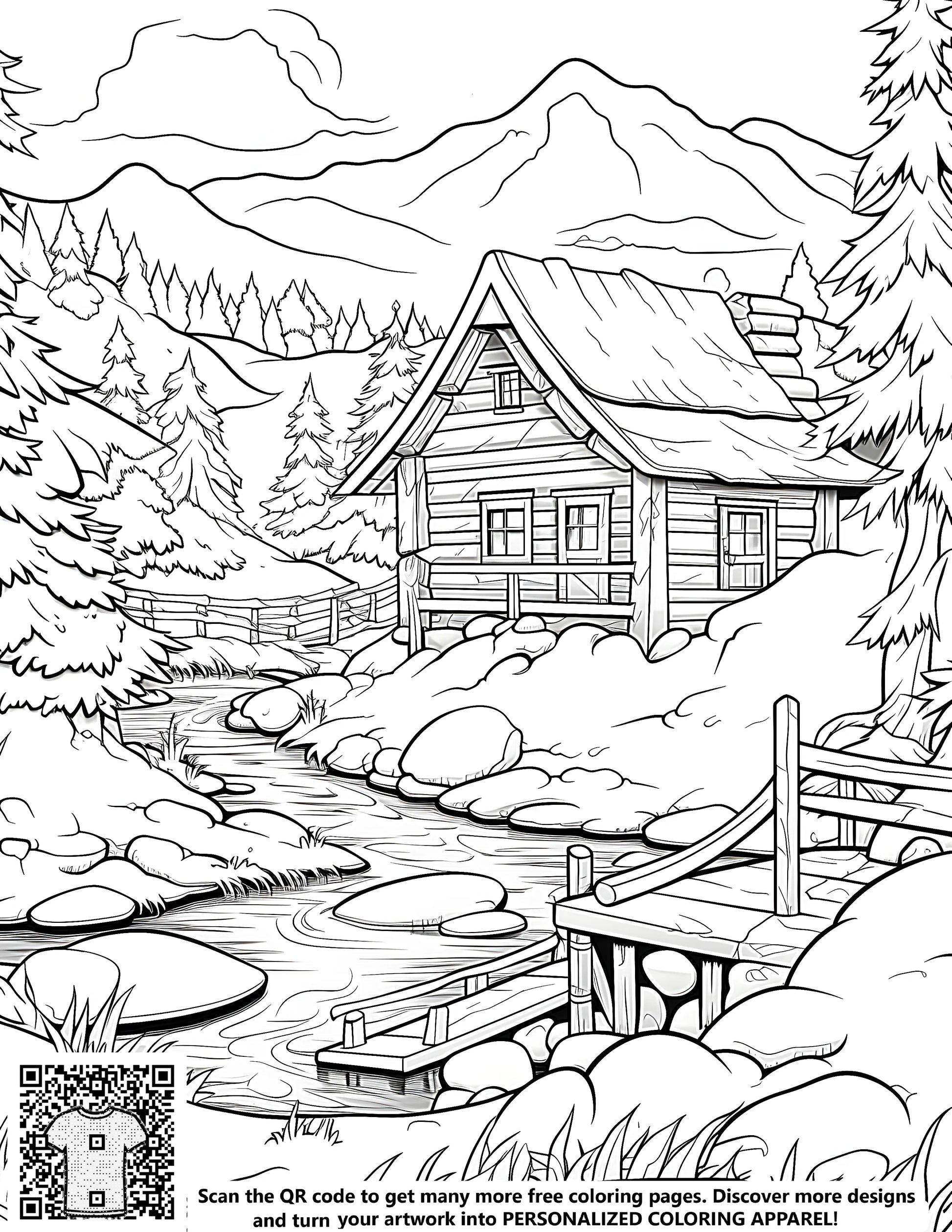 Mountain cabin coloring page illustration